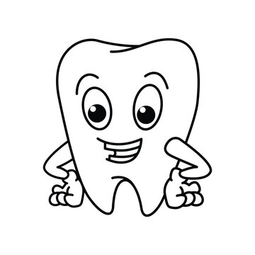 Funny tooth cartoon characters vector illustration. For kids coloring book.