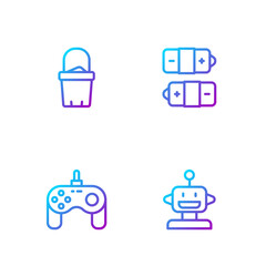 Set line Robot toy, Gamepad, Sand in bucket and Battery. Gradient color icons. Vector