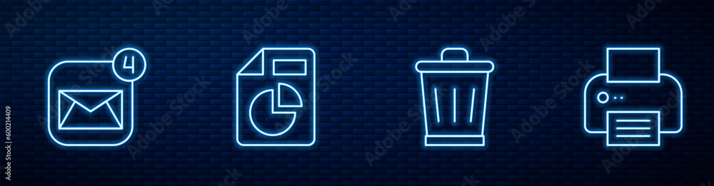 Poster set line trash can, envelope, document with graph chart and printer. glowing neon icon on brick wall
