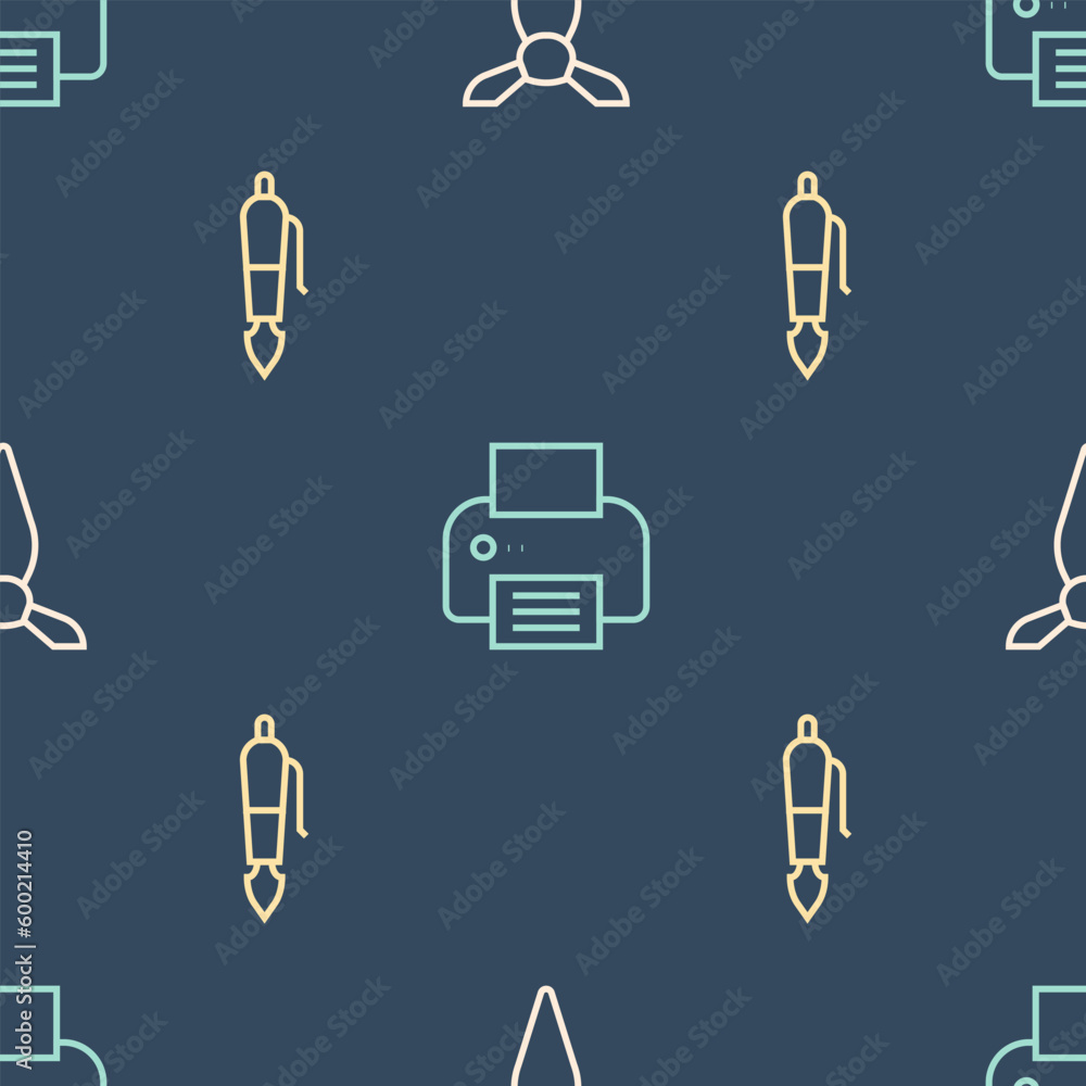 Poster set line tie, fountain pen nib and printer on seamless pattern. vector