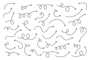 Curved arrows. Set of vector hand drawn arrows. Collection of pointers.