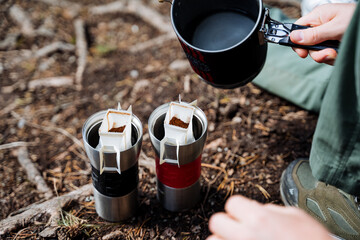 Filter bag of coffee for brewing in a cup, instant drink for quick preparation, camping conditions...