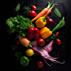 professional image of fresh vegetables on a black table. High quality Generative AI