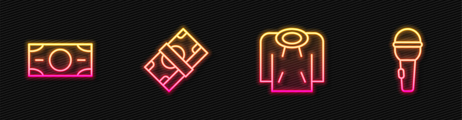 Set line Hoodie, Stacks paper money cash, and Microphone. Glowing neon icon. Vector