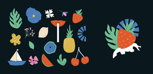 A set of cute summer elements: flowers, leaves, fruits. Suitable for a summer poster, postcard, set of stickers. Hand drawn vector.