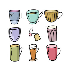 Set cartoon cups for drinks line style vector illustration colour. Modern teacup, porcelain coffee cup and ceramic kitchen mug. 