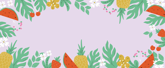 Summer banner design, illustration with exotic leaves, fruits and flowers. Vector.