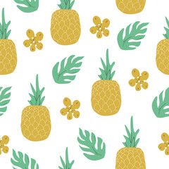 Vector pattern of pineapples on a white background. Vector illustration. Background for fabric, wallpaper, gift wrapping, packaging design.