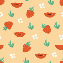 Vector pattern of strawberries, flowers and lips on a warm background. Vector illustration. Background for fabric, wallpaper, gift wrapping, packaging design.