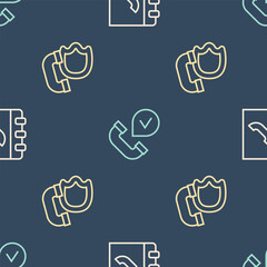 Set line Phone book, Telephone handset with shield and on seamless pattern. Vector