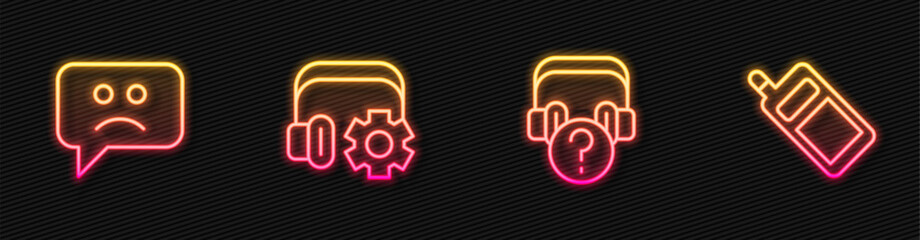 Set line Headphones with question, Sad smile, Headphoneswith settings and Mobile. Glowing neon icon. Vector