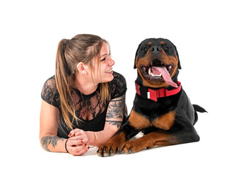rottweiler and woman in studio