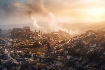 A photograph of a landfill overflowing with garbage and waste ai