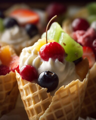 Sweet summer dessert icecream sundae and waffle cones with topping fresh fruits. Generative Ai