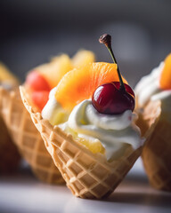 Sweet summer dessert icecream sundae and waffle cones with topping fresh fruits. Generative Ai