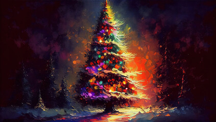 Beautiful Christmas Tree With Glowing Lights in The Middle Snowy Forest on Canvas Oil Painting AI Generative