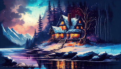 Christmas Tree River Side House in The Middle of Snowy Forest During Starry Christmas Eve Night AI Generative