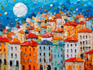Oil paintings city landscape. Colorful thick impasto, city landscape painting, background of paint. - 600217477