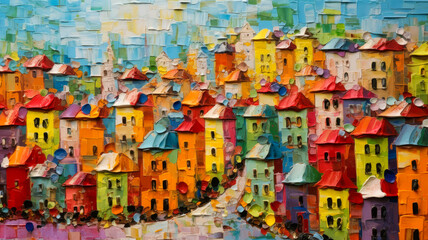 Oil paintings city landscape. Colorful thick impasto, city landscape painting, background of paint. - 600217481