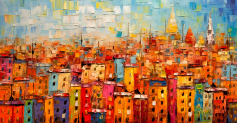 Oil paintings city landscape. Colorful thick impasto, city landscape painting, background of paint.