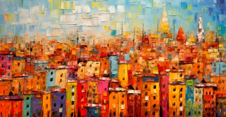 Fotobehang Rood Oil paintings city landscape. Colorful thick impasto, city landscape painting, background of paint.