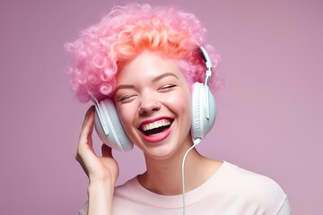 Happy ginger woman with pink hair listens song in headphones. Generative AI illustration