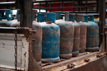 Propane gas bottles on delivery truck