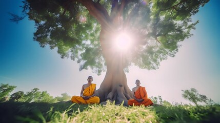 Light falls on Two monks meditating in lotus position under a green tree, Generative AI - obrazy, fototapety, plakaty