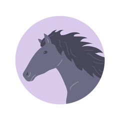 White domestic horse. Horse head. A beautiful elegant animal with a mane and hooves. Sport and hippodrome. Cartoon vector illustration