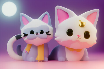 Fototapeta premium cute lovely cats in couple polymode-style-create-a-charming-feline-character-with-long-delicate-ears-and-big-round-eyes--