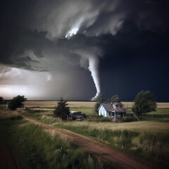 Fototapeta na wymiar Tornado approaching. Dramatic sky landscape. AI generated