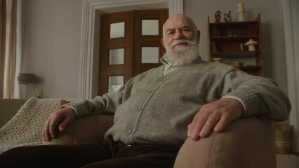 Old Man Portrait, wide angle shot grandpa looking at camera and laugh