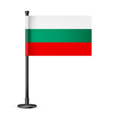 Bulgarian table flag on a black steel pole. Souvenir from Bulgaria. Desk flag made of paper or fabric and shiny metal stand. Mockup for promotion and advertising. Vector illustration