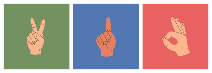 Set of three human hands showing fingers various gestures, victory icon, sign okay and index finger up. Hand drawn vector illustration isolated on colorful background. Modern flat cartoon style