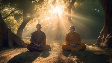 Light falls on Two monks meditating in lotus position under a green tree, Generative AI