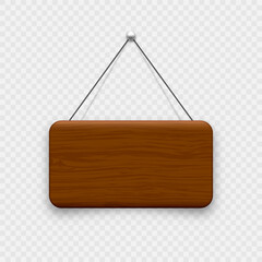Wooden hanging signboard. Made of wood door sign for cafe, restaurant, bar or retail store. Announcement banner, information signage for business or service. Vector illustration