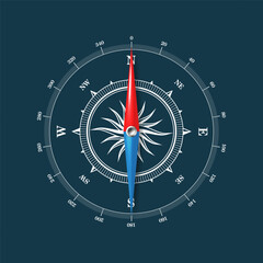 Marine compass, nautical wind rose with cardinal directions of North, East, South, West and degree markings. Geographical position and orientation, cartography and navigation. Vector illustration