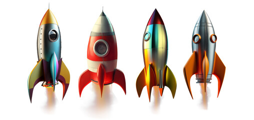 A collection of launched cartoon rockets isolated on clear PNG background, made of precious metal. Successful start concept. © Igor Link