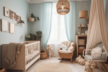 Tiny nursery kid room interior in pastel colors, ai generative - obrazy, fototapety, plakaty