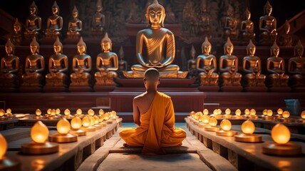 A monk meditating in the lotus position in front of golden Buddhas, Generative AI - obrazy, fototapety, plakaty