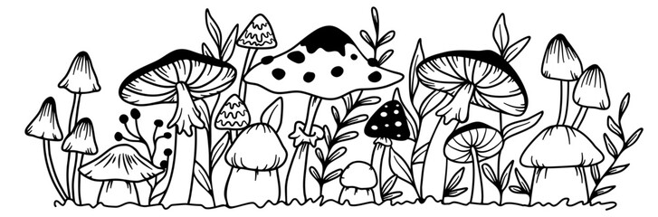 A row of forest mushrooms. Outline vector design.