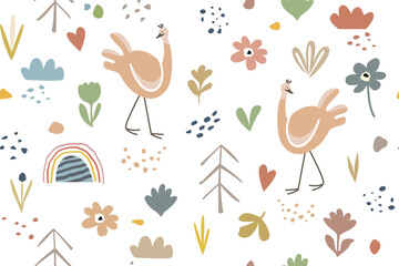 Modern seamless pattern from set of children primitive drawings, ostrich, birds and various elements in pastel colors. Cute design in flat style isolated on white background