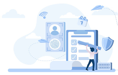 Businessman with large pencil checklist on paper dashboard. Presented questionnaires, checklists, personal data protection policy. Start and manage job protection. Vector illustration with copy space.