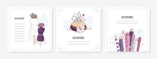 Square banner templates for greeting card and social media mobile apps. Sewing equipment and needlework. Vector illustration of pin cushion, mannequin and flowers - obrazy, fototapety, plakaty