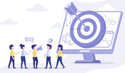 Business ideas. Business people meeting and discussing goals and target. Management strategy, tactical plan, online analytics data. Vector illustration with copy space.