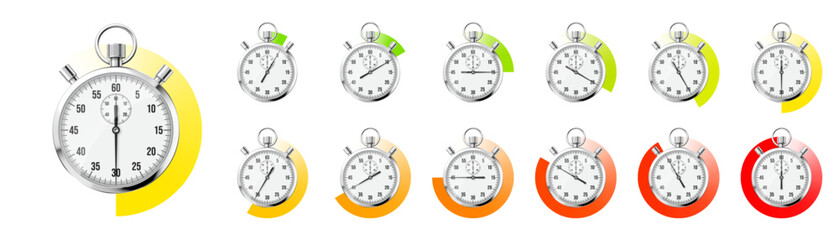 Realistic classic stopwatch. Shiny metal chronometer, time counter with dial. Colorful countdown timer showing minutes and seconds. Time measurement for sport, start and finish. Vector illustration