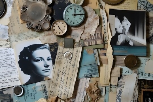 Combined various materials like paper scraps, photos or found objects together into a cohesive composition that can be used as a modern background graphic. Generative Ai.
