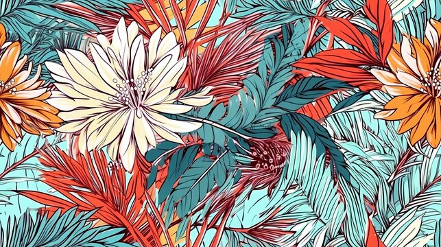 Seamless drawing of palm leaves, tropical leaves and flowers in a modern style, tropical print pattern on a white background, art botanic design, bright colors. Generative Ai.