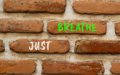 Just breathe and psychological symbol. Concept words Just breathe on beautiful red brown brick wall on beautiful red brown brick wall background. Business psychological Just breathe concept Copy space