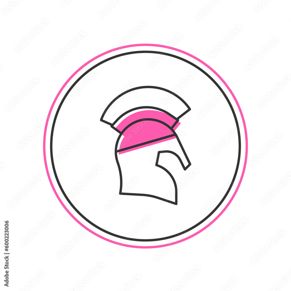 Sticker Filled outline Greek helmet icon isolated on white background. Antiques helmet for head protection soldiers with a crest of feathers or horsehair. Vector